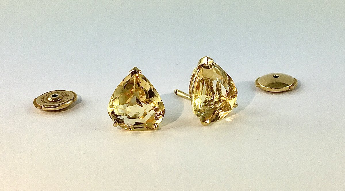 Boucles d'Oreilles Puces Citrines Poires sur Or Jaune -photo-2