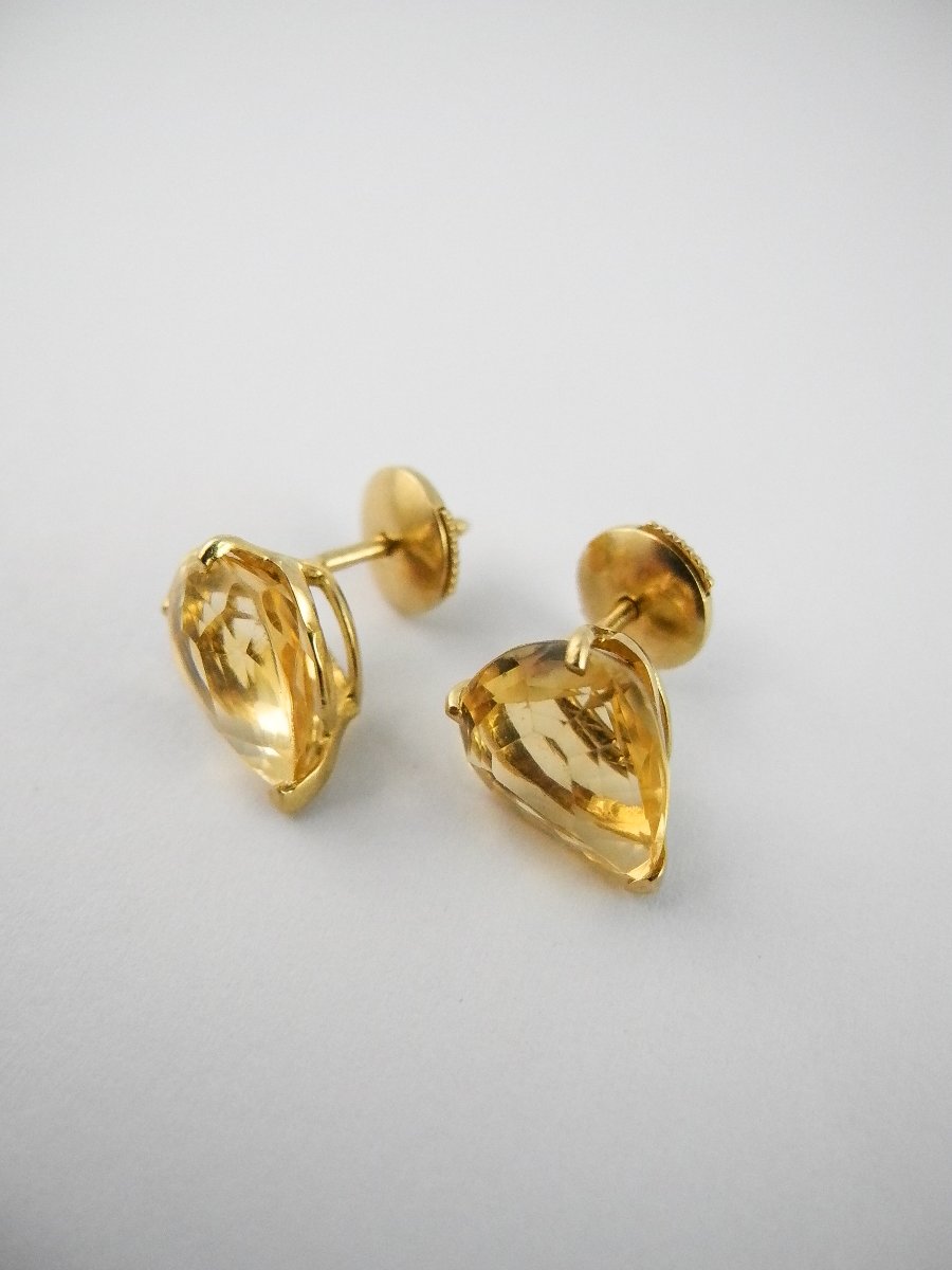 Boucles d'Oreilles Puces Citrines Poires sur Or Jaune -photo-7