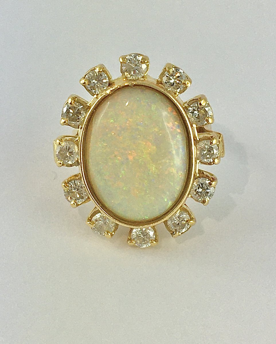 Australian Opal Daisy Ring With Diamond Surround On Yellow Gold -photo-3
