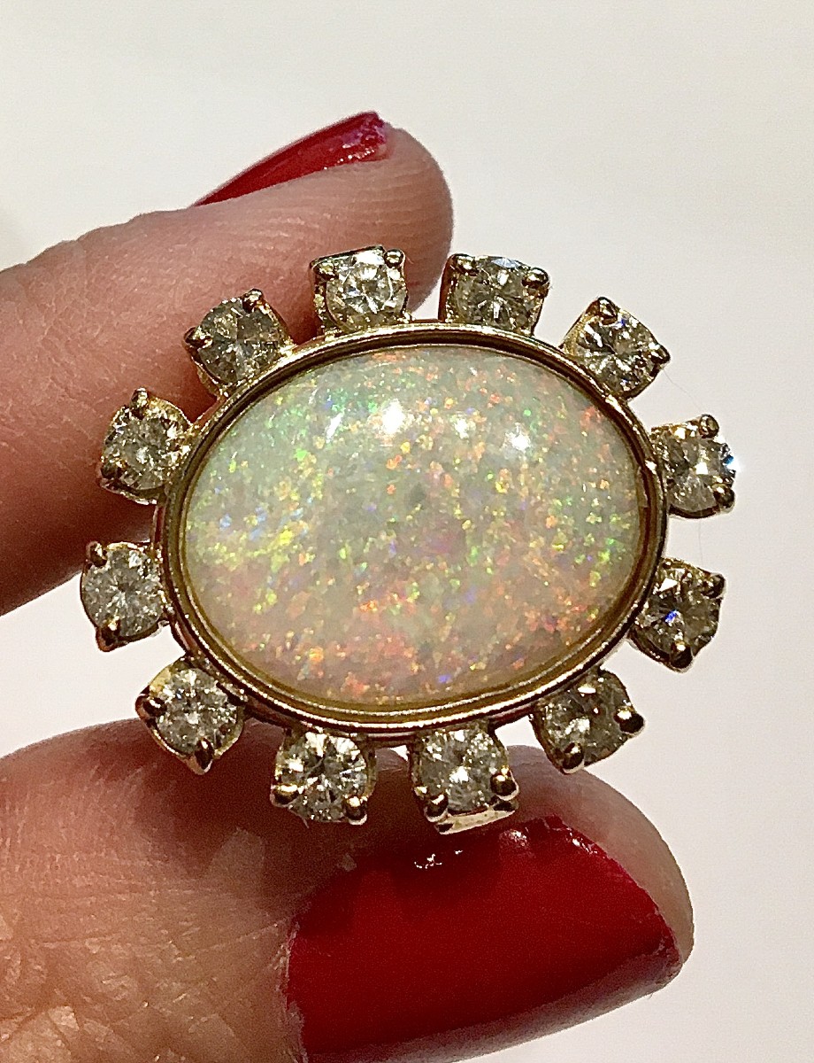 Australian Opal Daisy Ring With Diamond Surround On Yellow Gold -photo-2