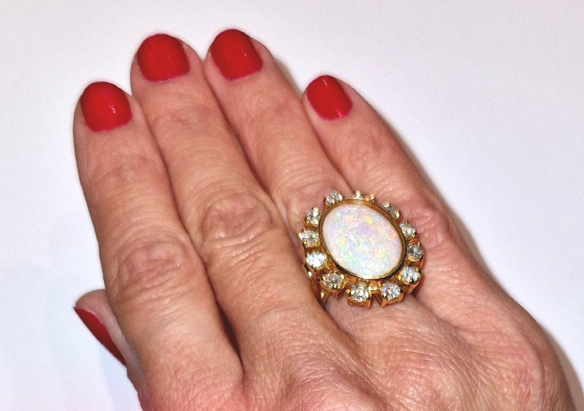 Australian Opal Daisy Ring With Diamond Surround On Yellow Gold -photo-5