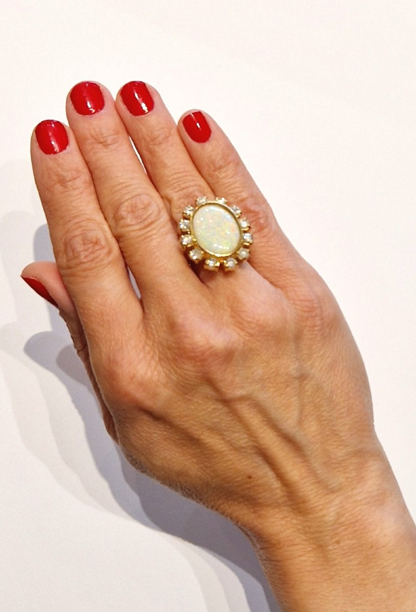 Australian Opal Daisy Ring With Diamond Surround On Yellow Gold -photo-6