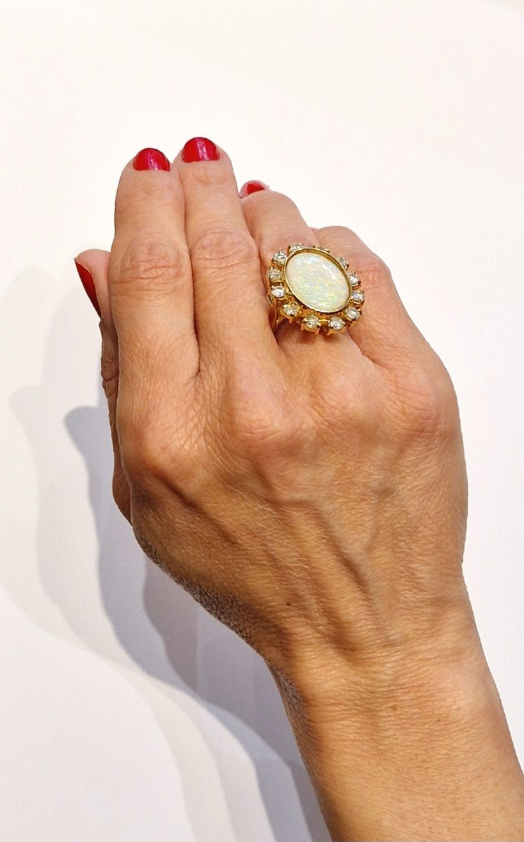 Australian Opal Daisy Ring With Diamond Surround On Yellow Gold -photo-7
