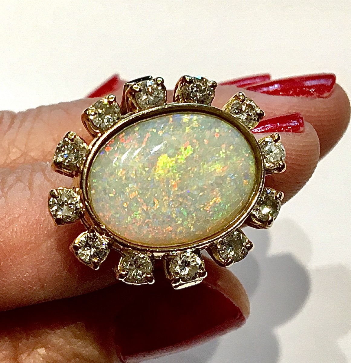 Australian Opal Daisy Ring With Diamond Surround On Yellow Gold 