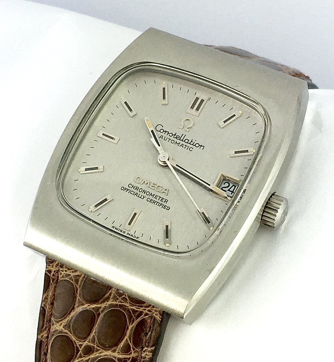 Montre Oméga Constellation Automatique 1970 Chronomètre Certifié, Acier Sur Cuir, Forme Tonneau-photo-4