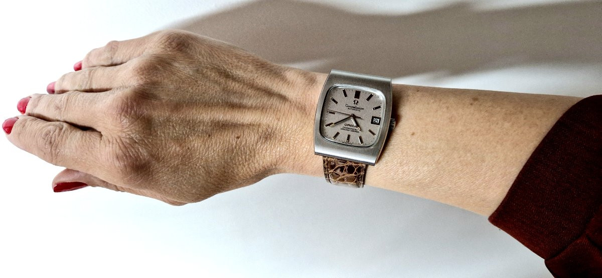 Montre Oméga Constellation Automatique 1970 Chronomètre Certifié, Acier Sur Cuir, Forme Tonneau-photo-7
