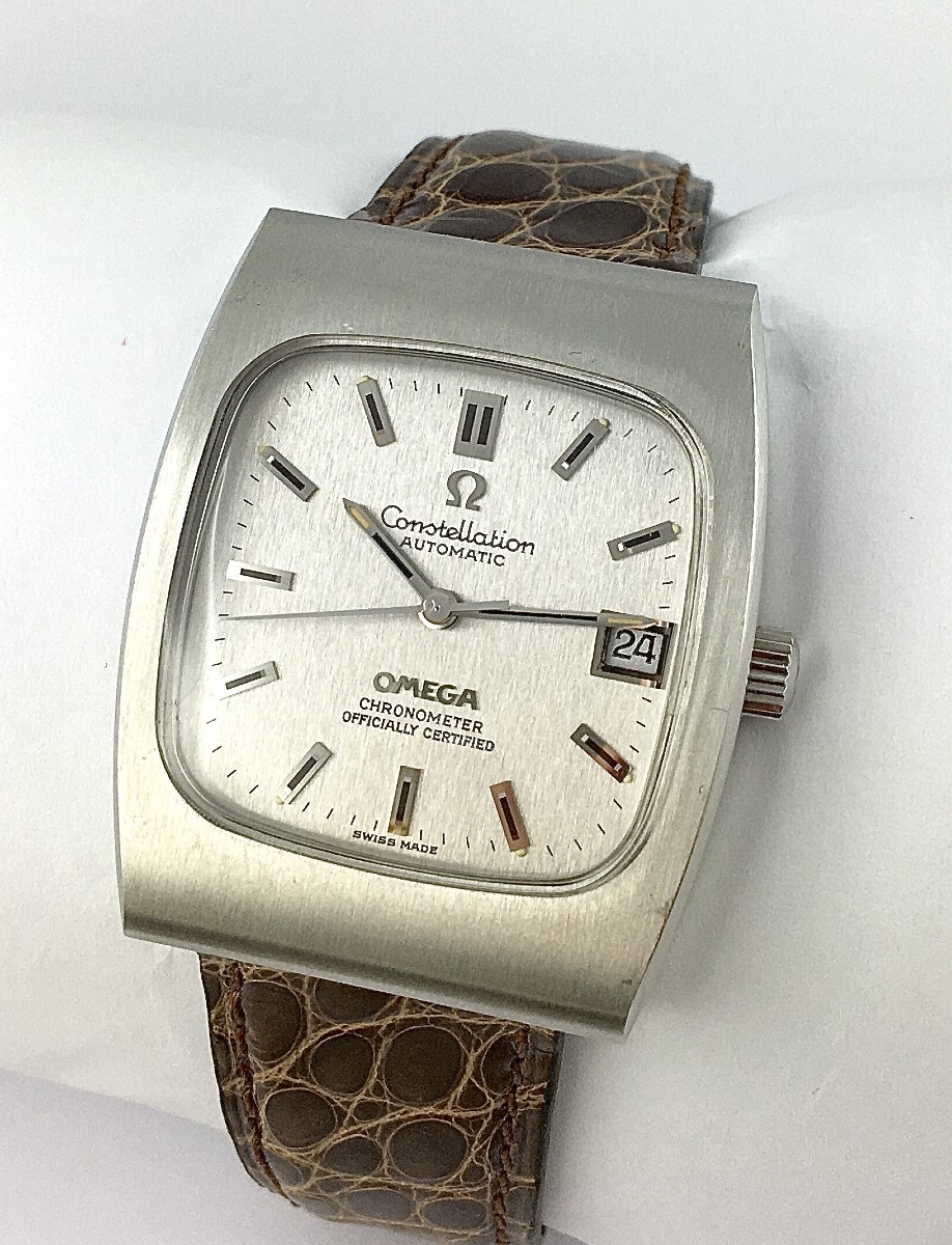 Montre Oméga Constellation Automatique 1970 Chronomètre Certifié, Acier Sur Cuir, Forme Tonneau