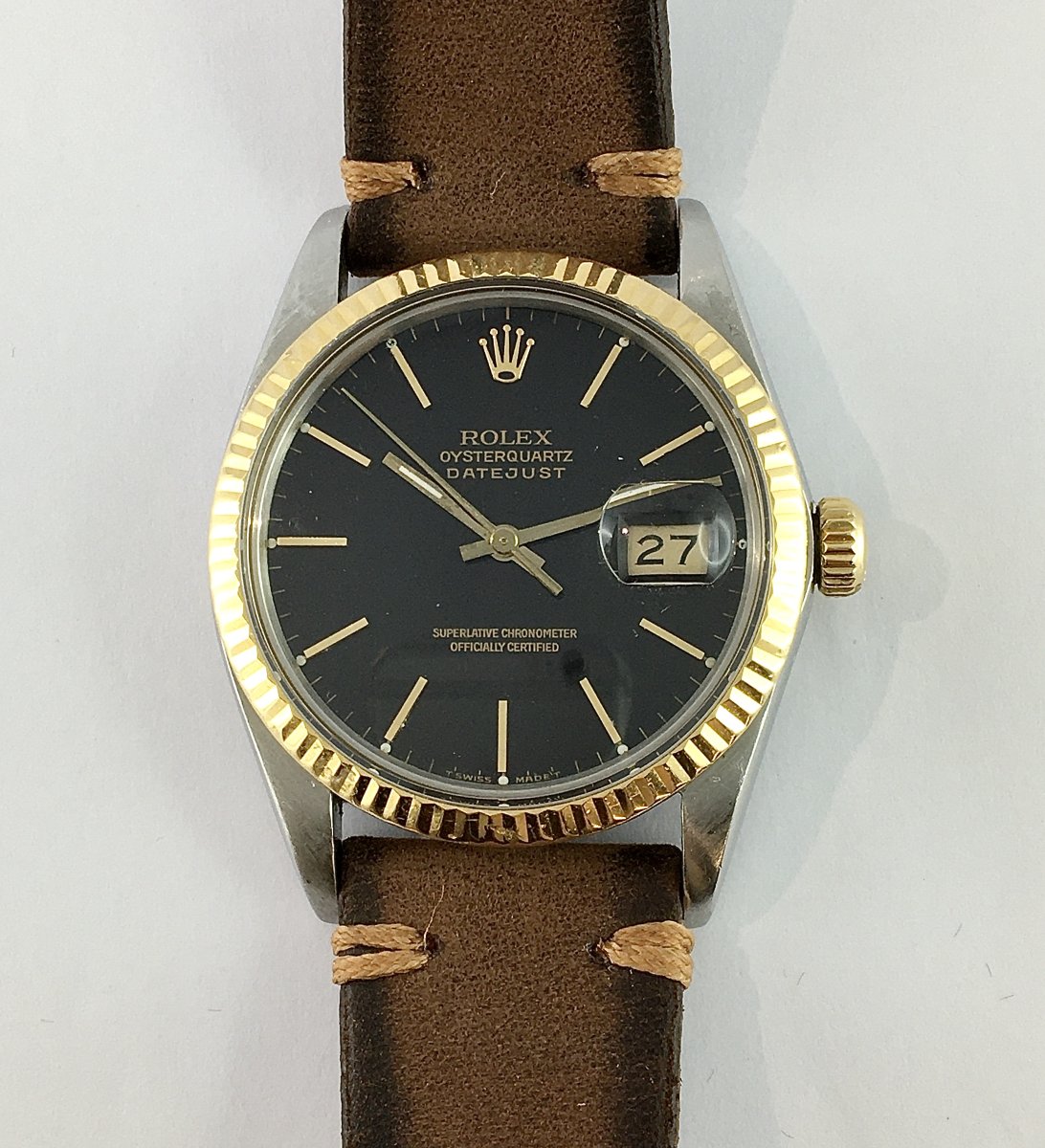 Montre Rolex Datejust Acier Lunette Or Jaune Cadran Noir Automatique Année 1987, Boîte & Papier-photo-1