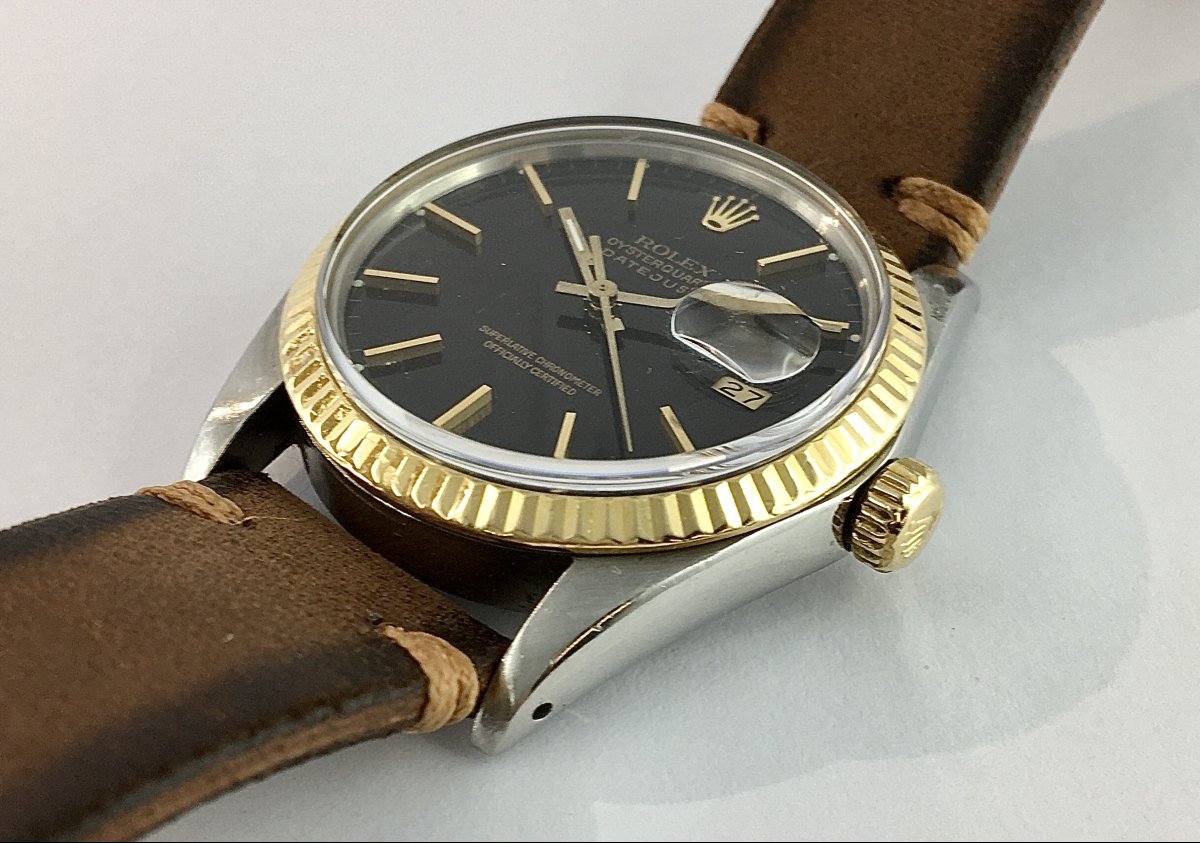 Montre Rolex Datejust Acier Lunette Or Jaune Cadran Noir Automatique Année 1987, Boîte & Papier-photo-6