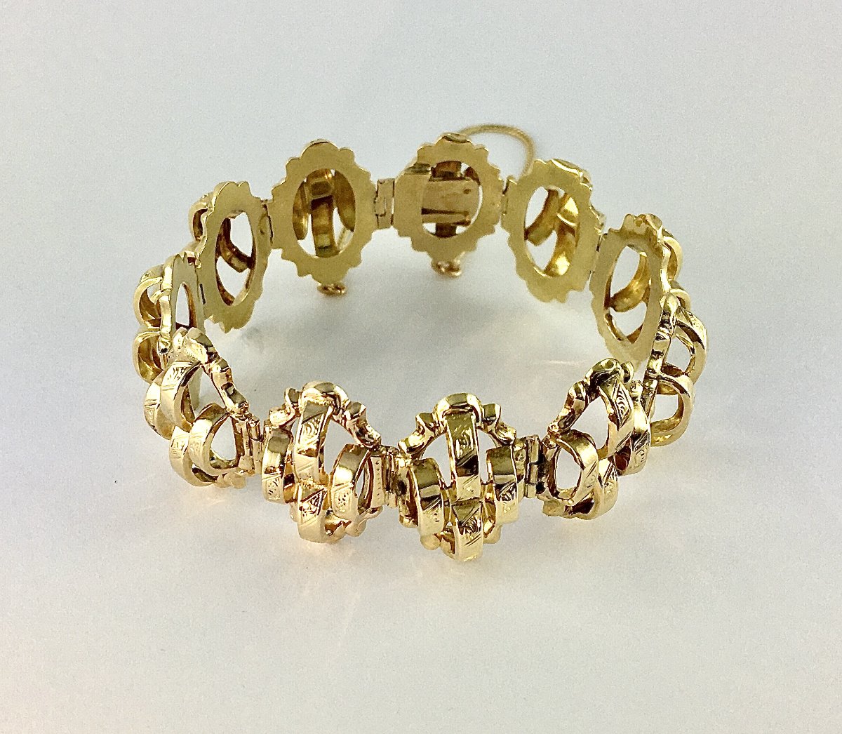 Bracelet Manchette Souple Articulé Ajouré Maillons en Marquises Bombés Napoléon III Or Jaune -photo-2