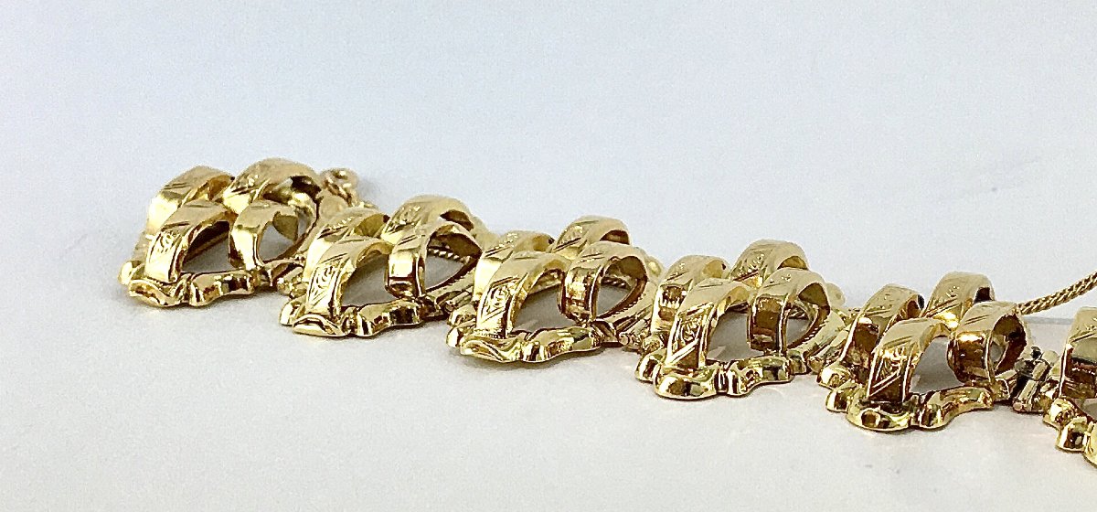 Bracelet Manchette Souple Articulé Ajouré Maillons en Marquises Bombés Napoléon III Or Jaune -photo-3