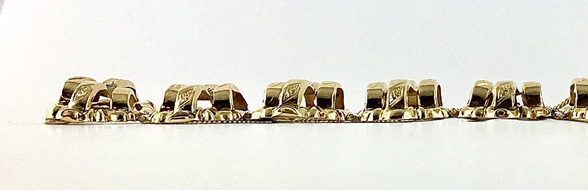 Bracelet Manchette Souple Articulé Ajouré Maillons en Marquises Bombés Napoléon III Or Jaune -photo-1