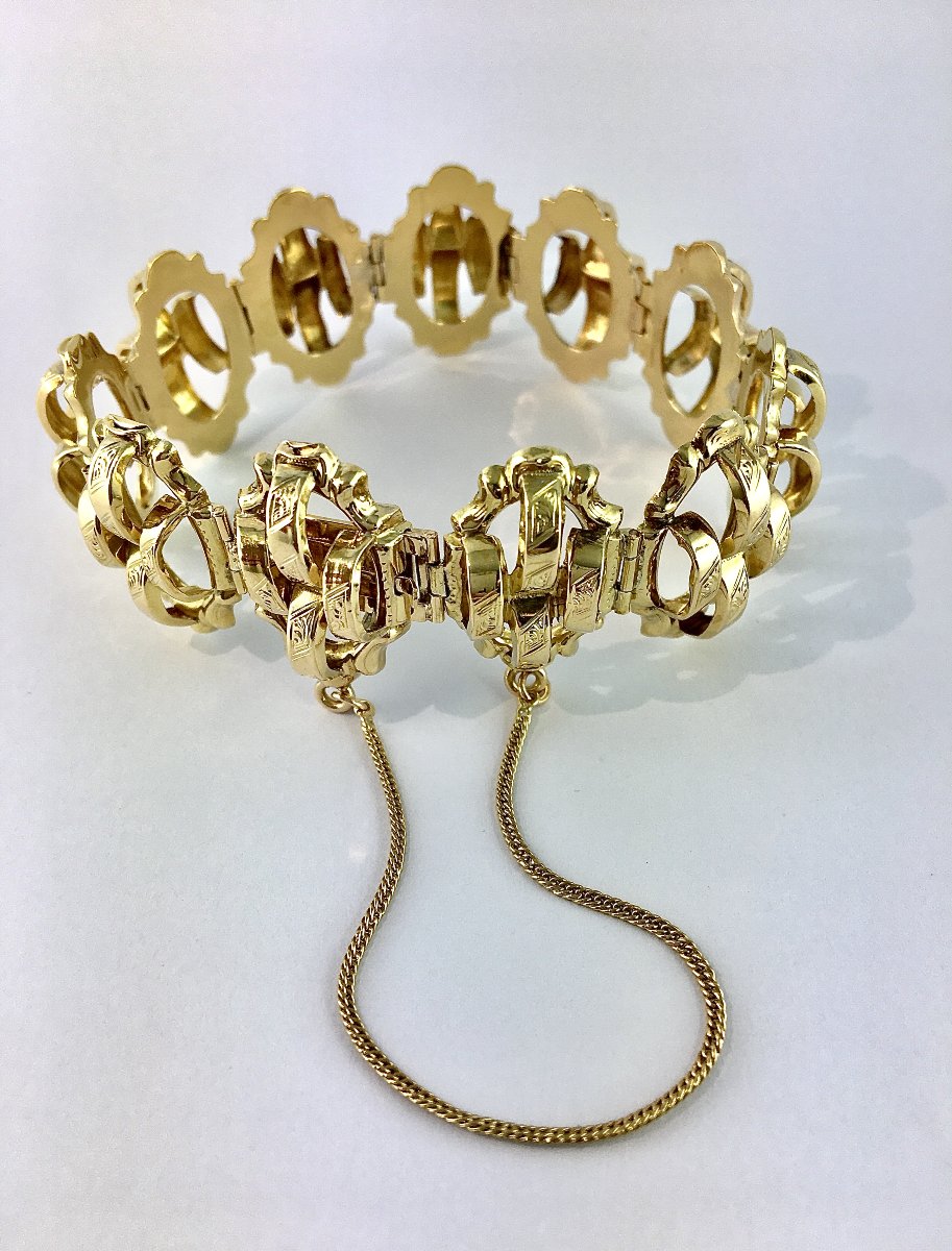 Bracelet Manchette Souple Articulé Ajouré Maillons en Marquises Bombés Napoléon III Or Jaune -photo-3