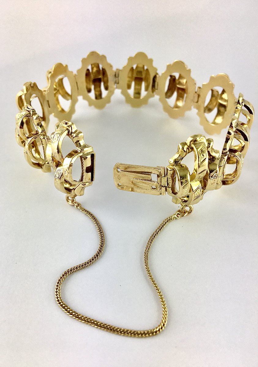 Bracelet Manchette Souple Articulé Ajouré Maillons en Marquises Bombés Napoléon III Or Jaune -photo-4