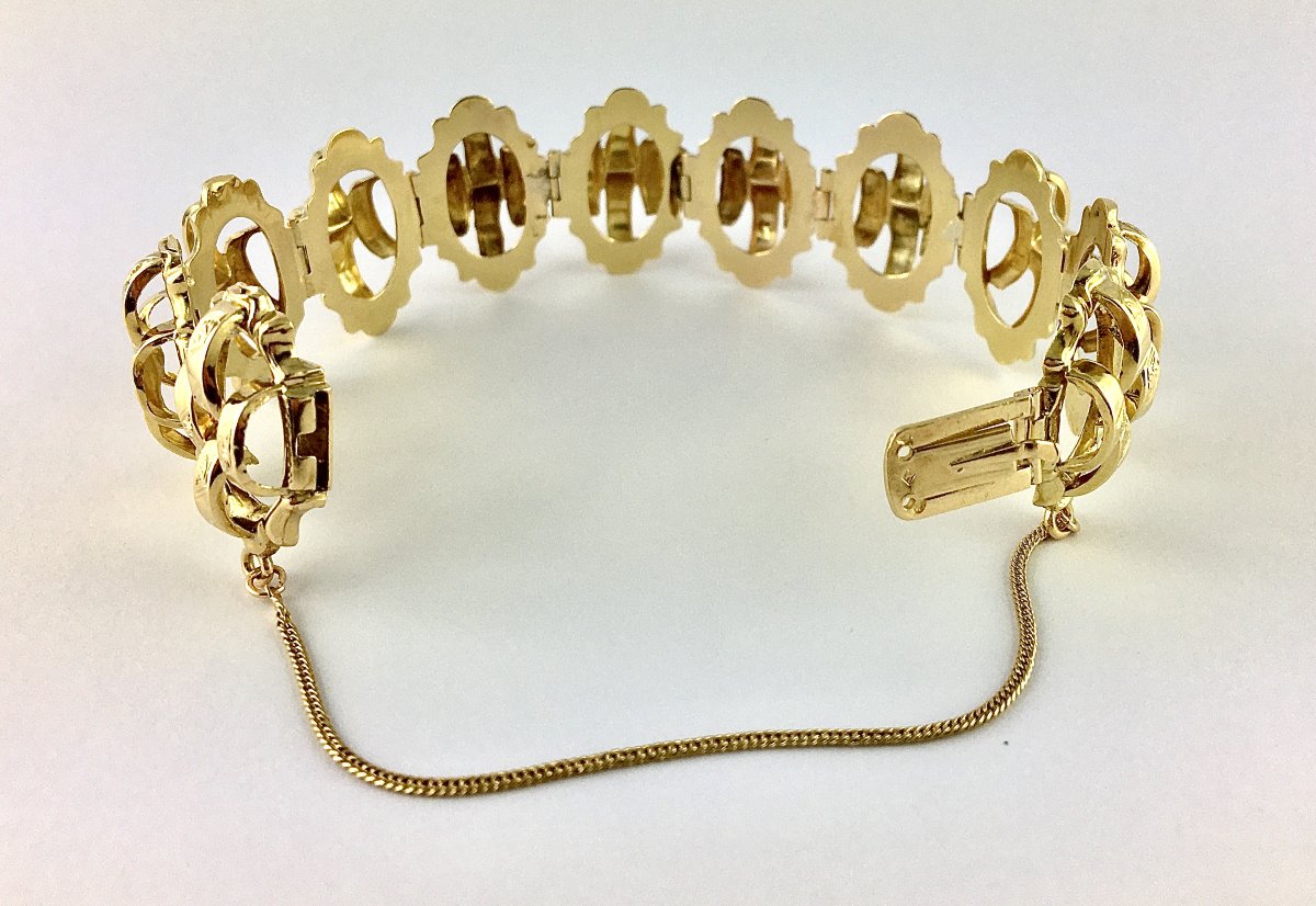 Bracelet Manchette Souple Articulé Ajouré Maillons en Marquises Bombés Napoléon III Or Jaune -photo-6