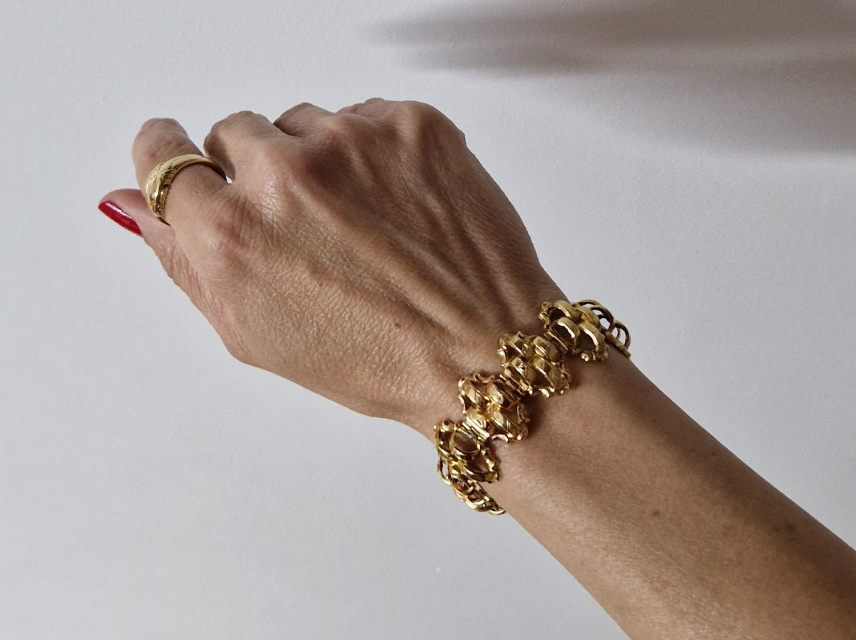 Bracelet Manchette Souple Articulé Ajouré Maillons en Marquises Bombés Napoléon III Or Jaune -photo-7