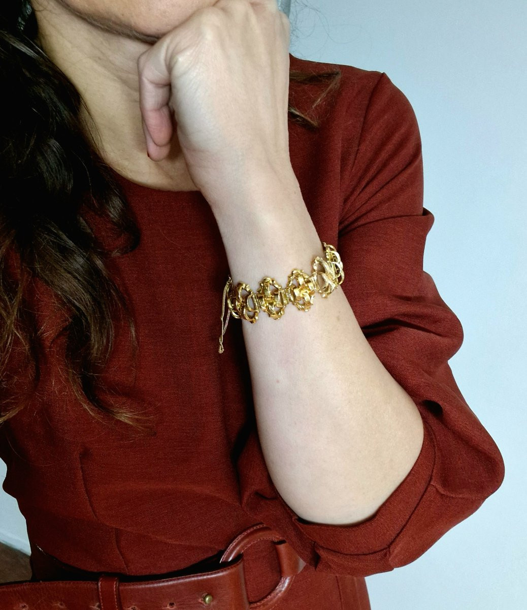 Bracelet Manchette Souple Articulé Ajouré Maillons en Marquises Bombés Napoléon III Or Jaune -photo-8