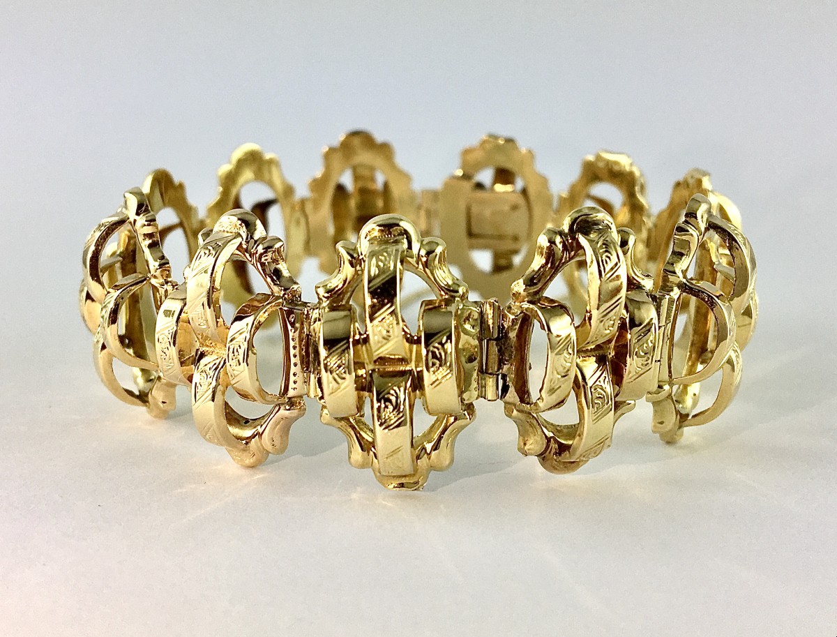 Bracelet Manchette Souple Articulé Ajouré Maillons en Marquises Bombés Napoléon III Or Jaune 