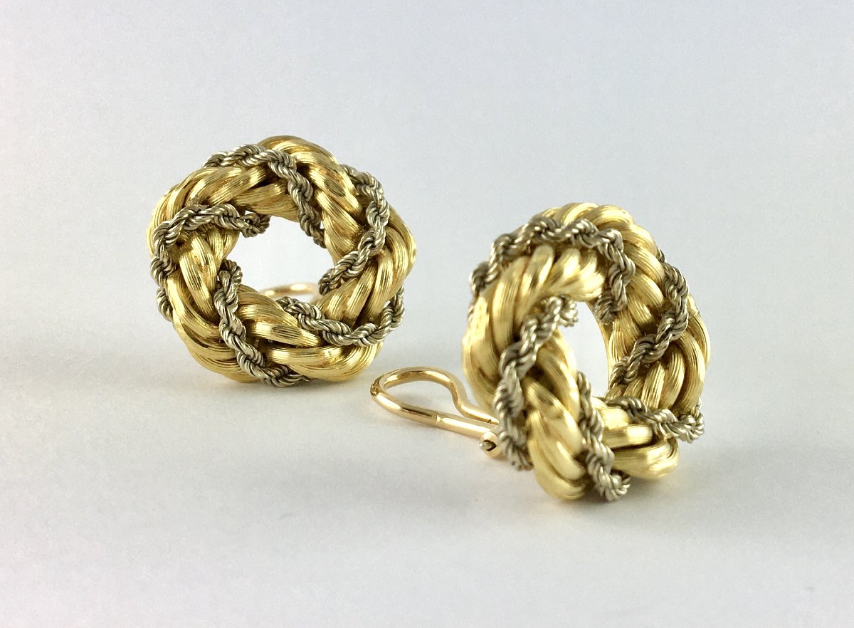 Vintage Crown Clip-on Earrings Twisted Ropes Yellow & White Gold-photo-2