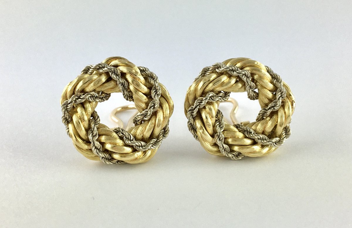 Vintage Crown Clip-on Earrings Twisted Ropes Yellow & White Gold-photo-3