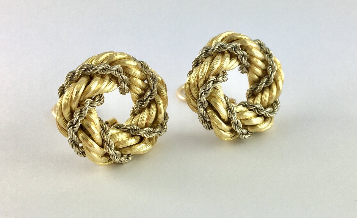Vintage Crown Clip-on Earrings Twisted Ropes Yellow & White Gold-photo-4
