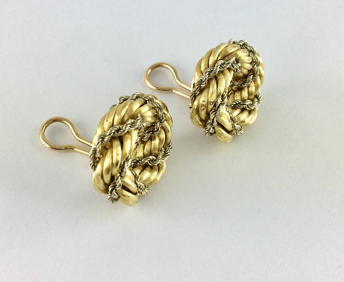 Vintage Crown Clip-on Earrings Twisted Ropes Yellow & White Gold-photo-1