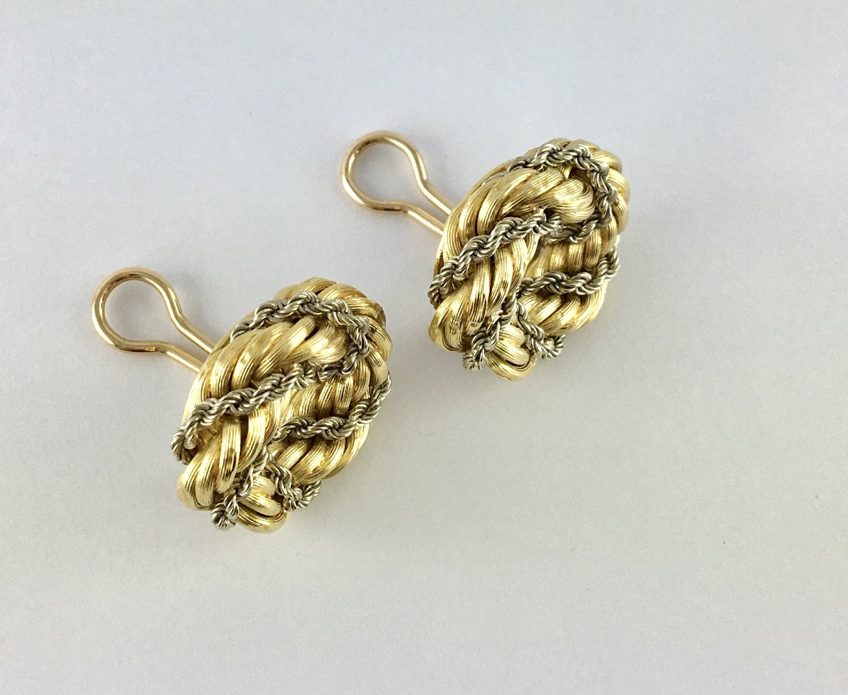 Vintage Crown Clip-on Earrings Twisted Ropes Yellow & White Gold-photo-2