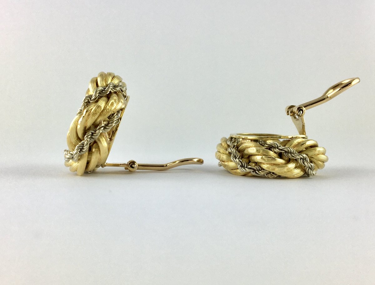 Vintage Crown Clip-on Earrings Twisted Ropes Yellow & White Gold-photo-3