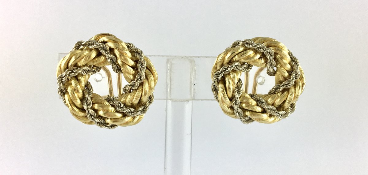 Vintage Crown Clip-on Earrings Twisted Ropes Yellow & White Gold-photo-4