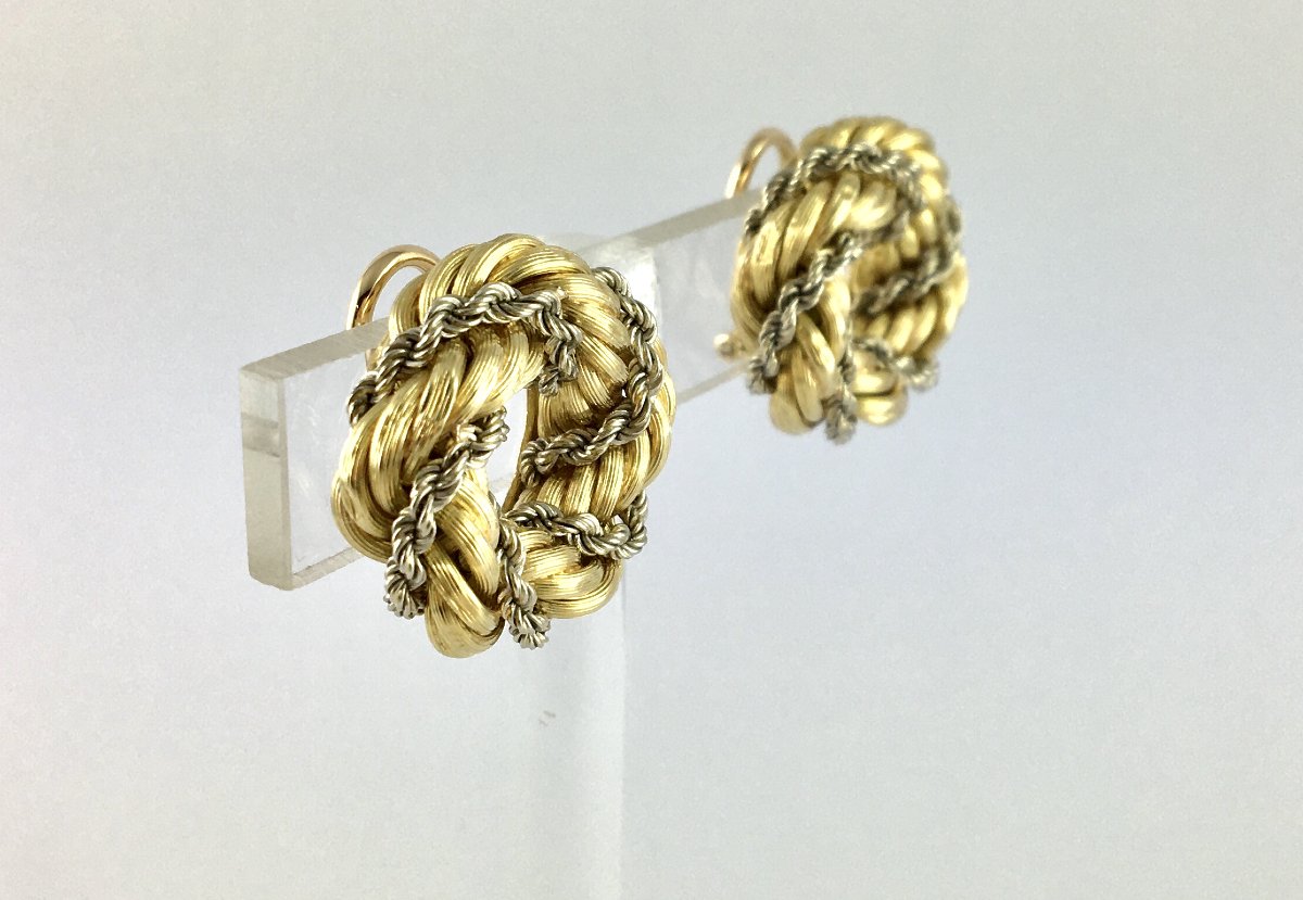 Vintage Crown Clip-on Earrings Twisted Ropes Yellow & White Gold-photo-5