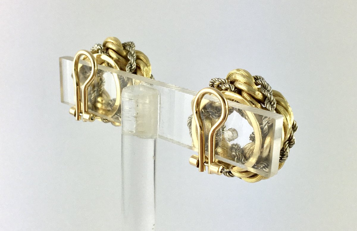 Vintage Crown Clip-on Earrings Twisted Ropes Yellow & White Gold-photo-7