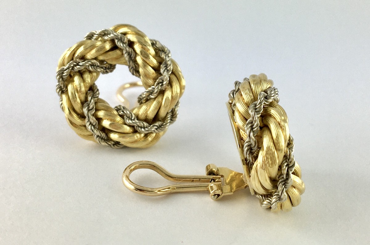 Vintage Crown Clip-on Earrings Twisted Ropes Yellow & White Gold