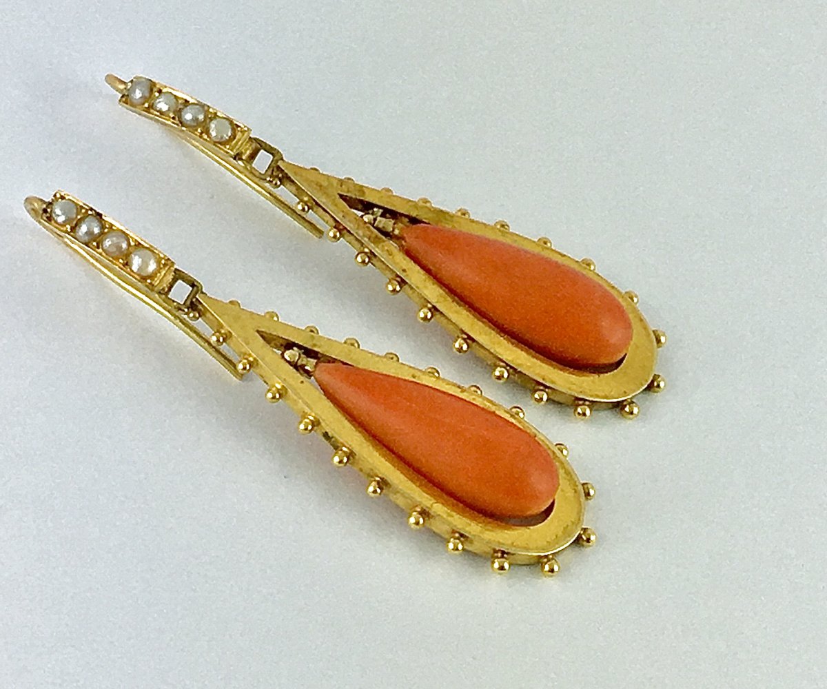 Napoleon III (napoleon 3) Yellow Gold Coral Drop Sleeper Dangle Earrings-photo-2