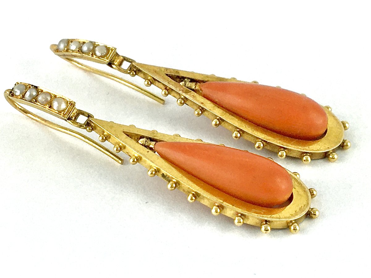 Napoleon III (napoleon 3) Yellow Gold Coral Drop Sleeper Dangle Earrings-photo-3