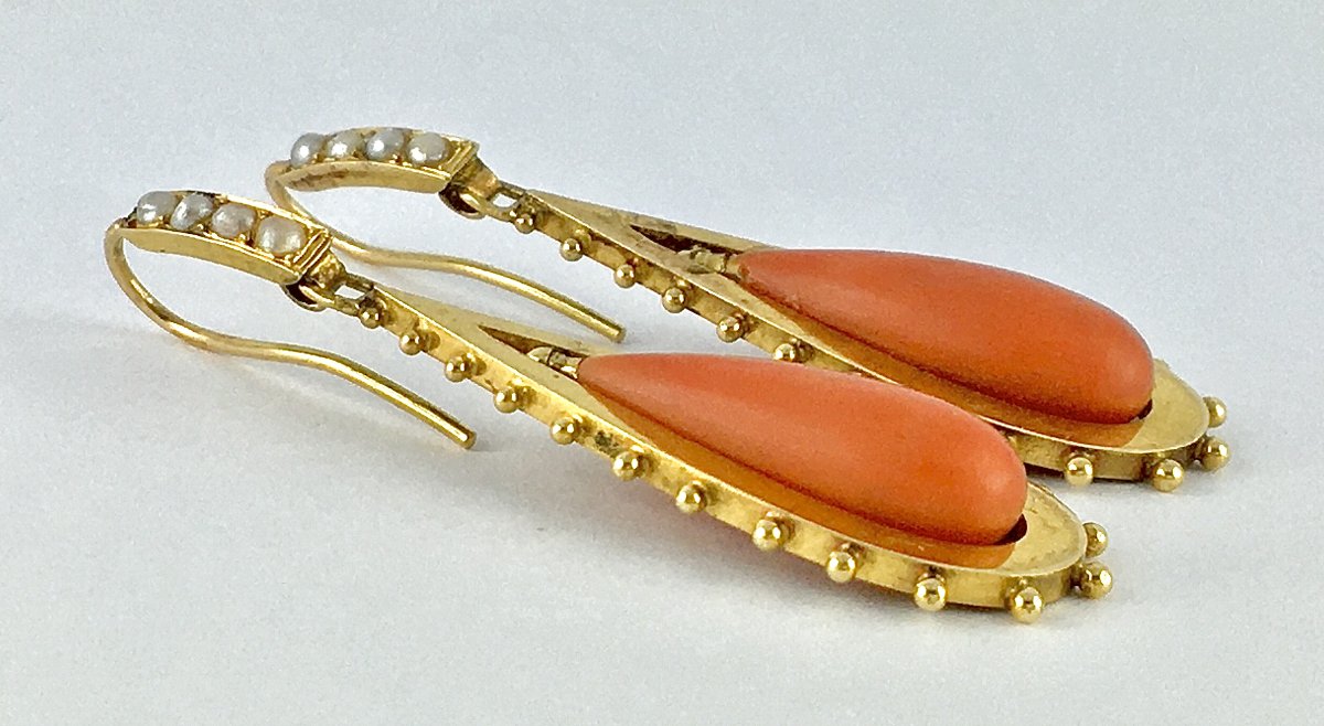 Napoleon III (napoleon 3) Yellow Gold Coral Drop Sleeper Dangle Earrings-photo-4