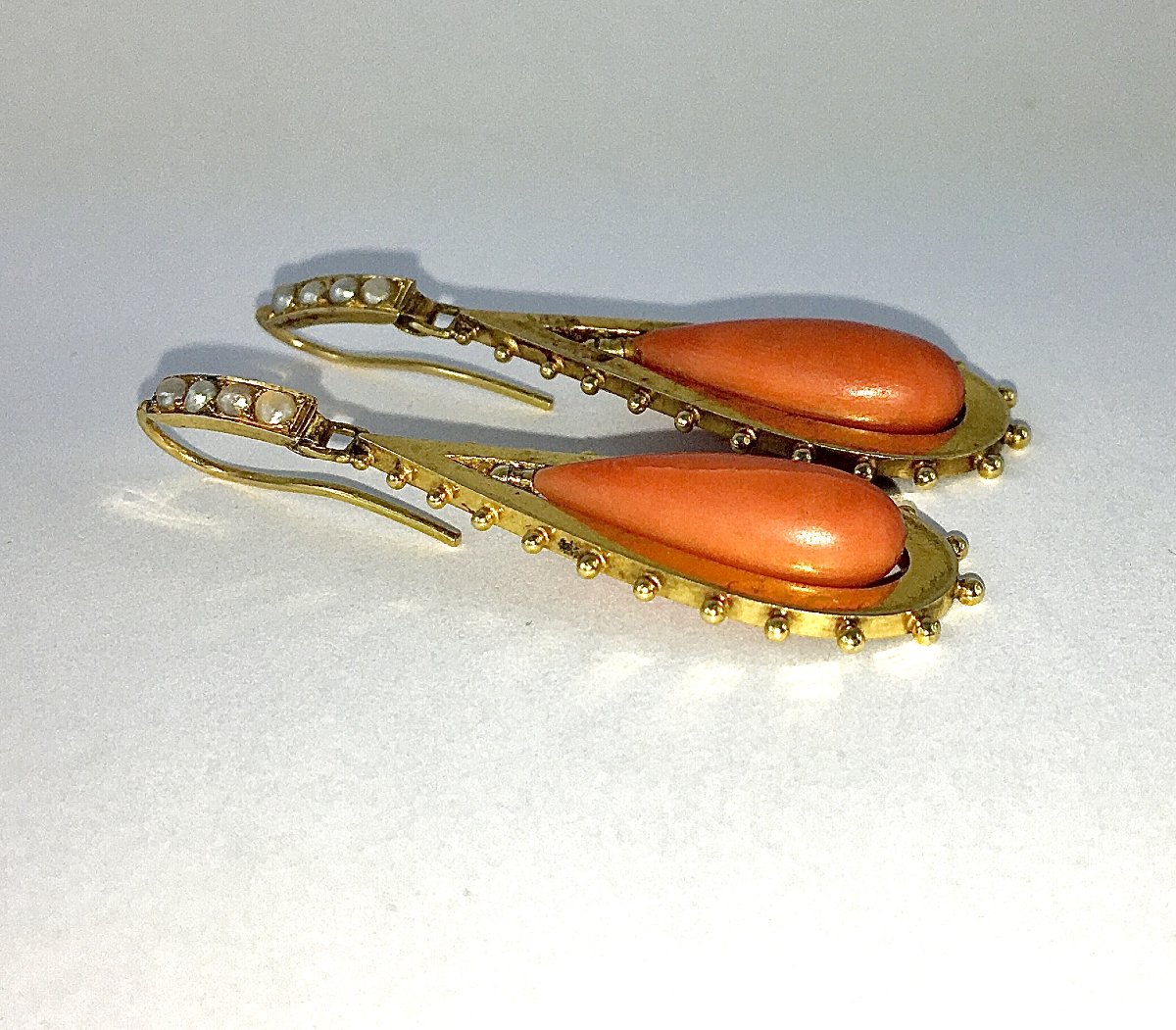 Napoleon III (napoleon 3) Yellow Gold Coral Drop Sleeper Dangle Earrings-photo-2