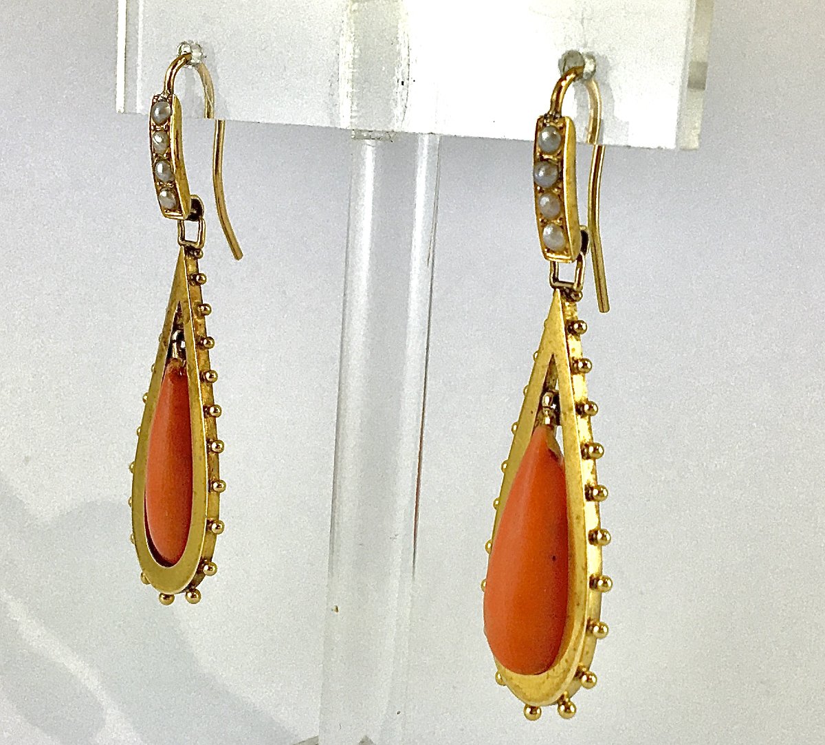 Napoleon III (napoleon 3) Yellow Gold Coral Drop Sleeper Dangle Earrings-photo-4