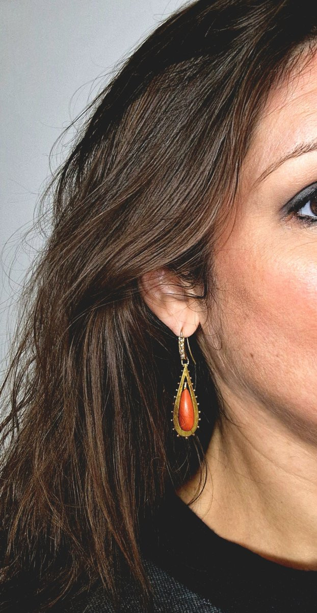Napoleon III (napoleon 3) Yellow Gold Coral Drop Sleeper Dangle Earrings-photo-8
