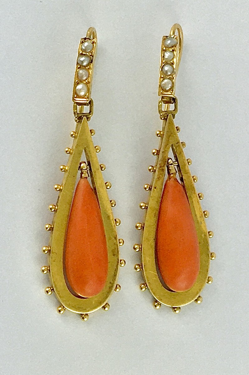 Napoleon III (napoleon 3) Yellow Gold Coral Drop Sleeper Dangle Earrings