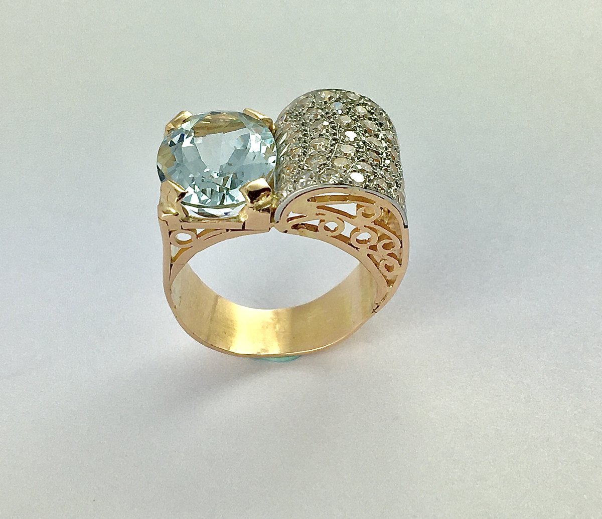 Asymmetrical Tank Ring With Aquamarine And Diamond Paving In Rose Gold And Platinum-photo-4