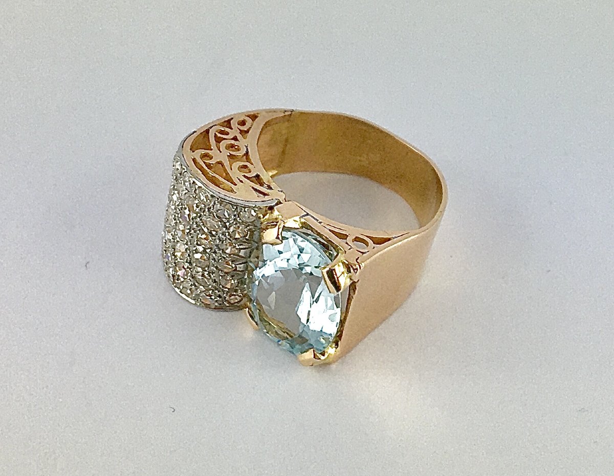 Asymmetrical Tank Ring With Aquamarine And Diamond Paving In Rose Gold And Platinum-photo-3
