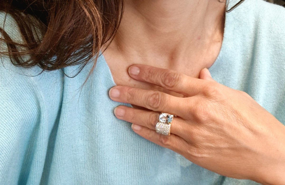 Asymmetrical Tank Ring With Aquamarine And Diamond Paving In Rose Gold And Platinum-photo-8