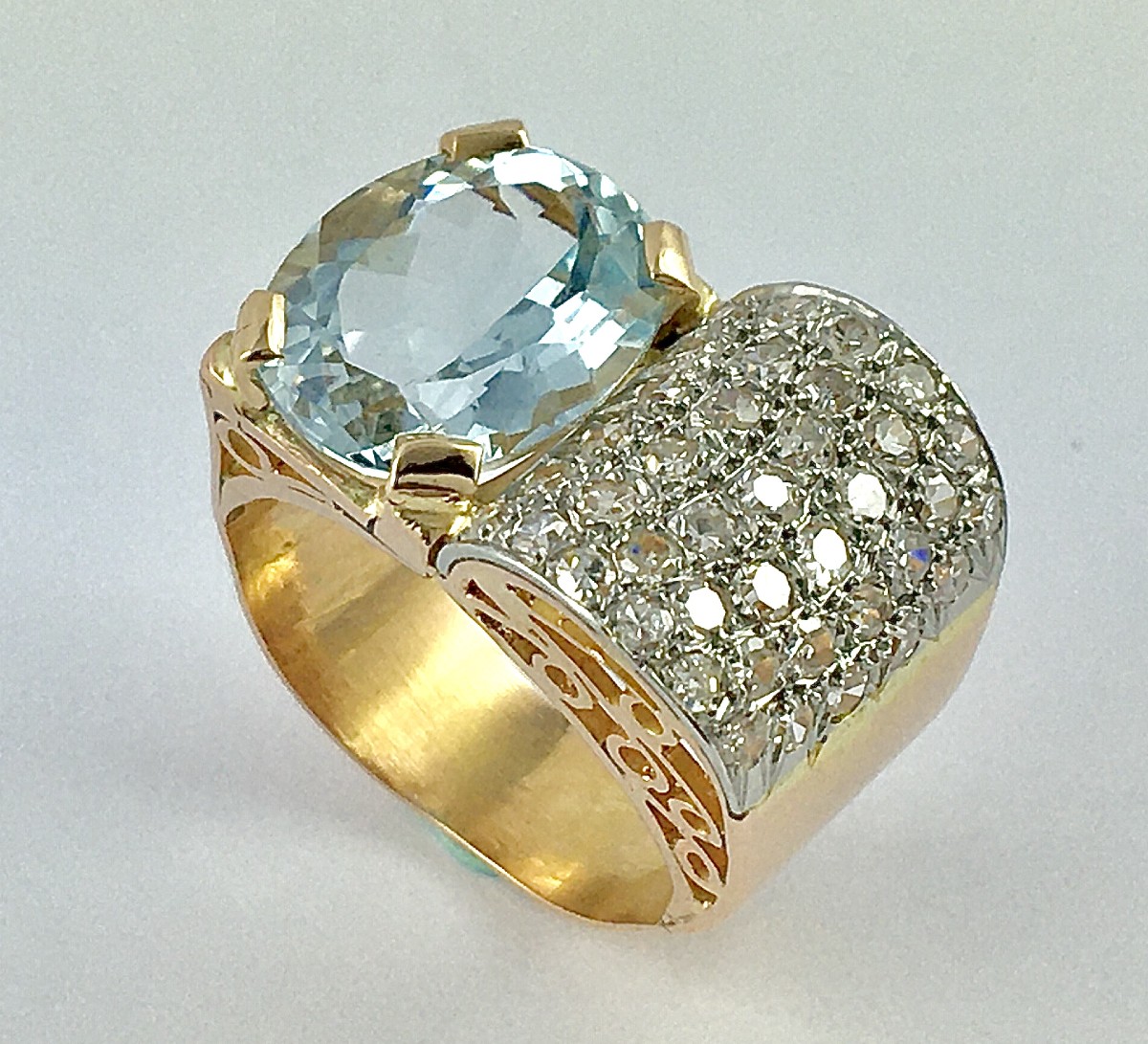 Asymmetrical Tank Ring With Aquamarine And Diamond Paving In Rose Gold And Platinum