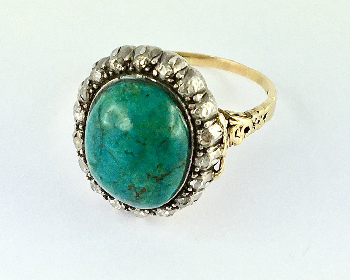 Turquoise Cabochon Ring Surrounded By Diamonds In Yellow Gold And Silver Belle Epoque-photo-3