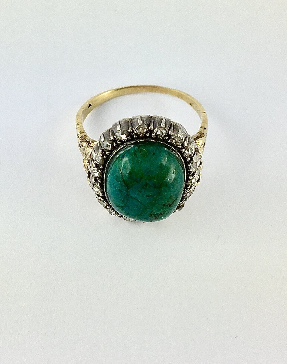 Turquoise Cabochon Ring Surrounded By Diamonds In Yellow Gold And Silver Belle Epoque-photo-1
