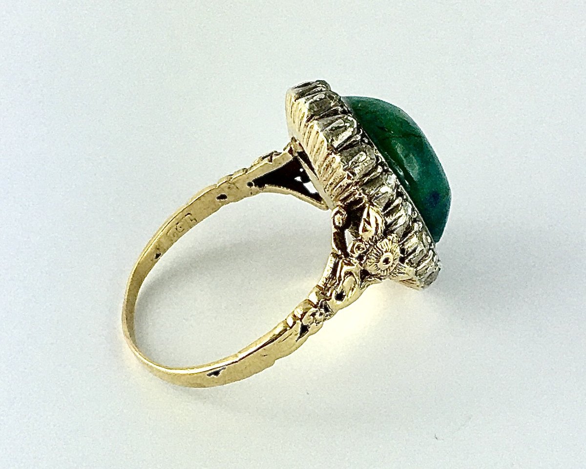 Turquoise Cabochon Ring Surrounded By Diamonds In Yellow Gold And Silver Belle Epoque-photo-3