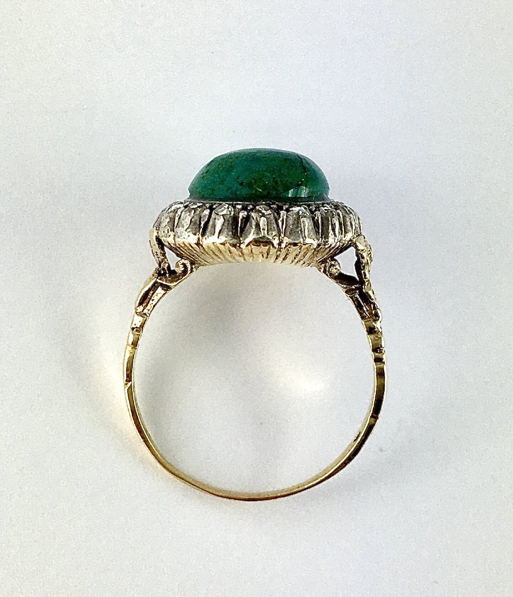 Turquoise Cabochon Ring Surrounded By Diamonds In Yellow Gold And Silver Belle Epoque-photo-4