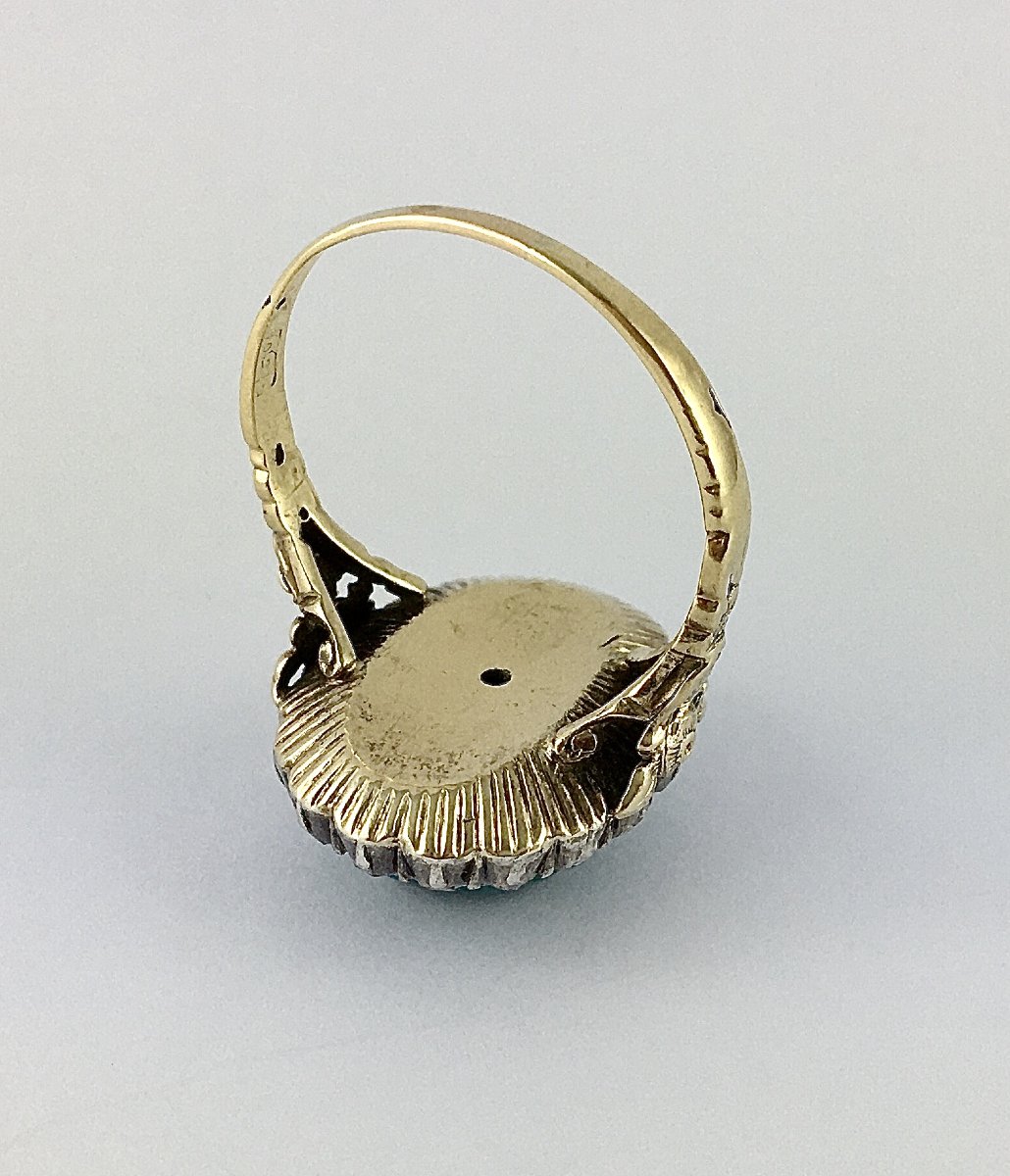 Turquoise Cabochon Ring Surrounded By Diamonds In Yellow Gold And Silver Belle Epoque-photo-5