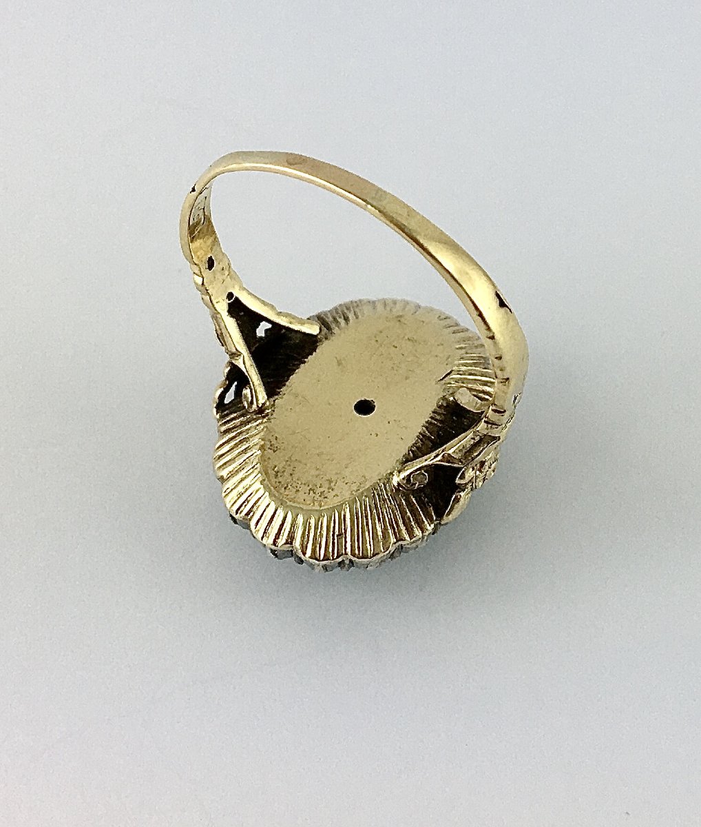 Turquoise Cabochon Ring Surrounded By Diamonds In Yellow Gold And Silver Belle Epoque-photo-6