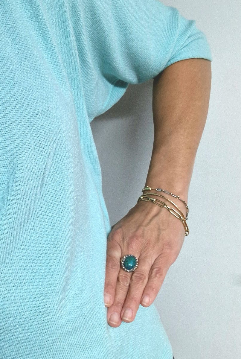 Turquoise Cabochon Ring Surrounded By Diamonds In Yellow Gold And Silver Belle Epoque-photo-7